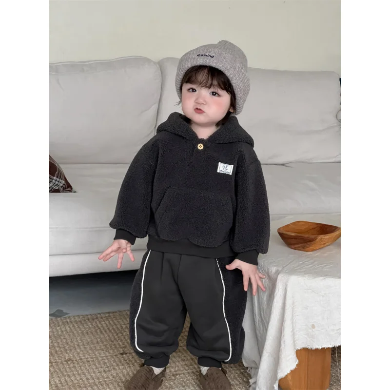 

Children's Clothing Winter Hooded Sweatshirt Set Thickened Kids' Clothing Baby Autumn Winter Outfit Baby Fleece Two-Piece Set