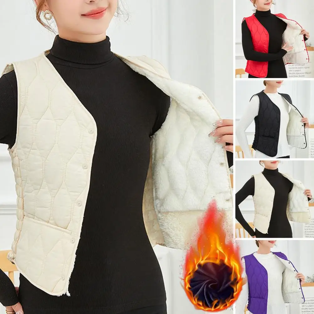 Women Fall Winter Vest Coat Soft Thick Padded Sleeveless Vest Single-breasted V Neck Cardigan Slim Fit Warm Lady Waistcoat