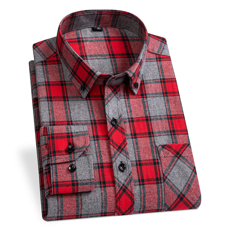 New Men\'s Long Sleeve Casual Shirt Cotton Flannel Plaid Front Pocket Fashion Warm Clothing Businessman Winter Daily Chic Shirts