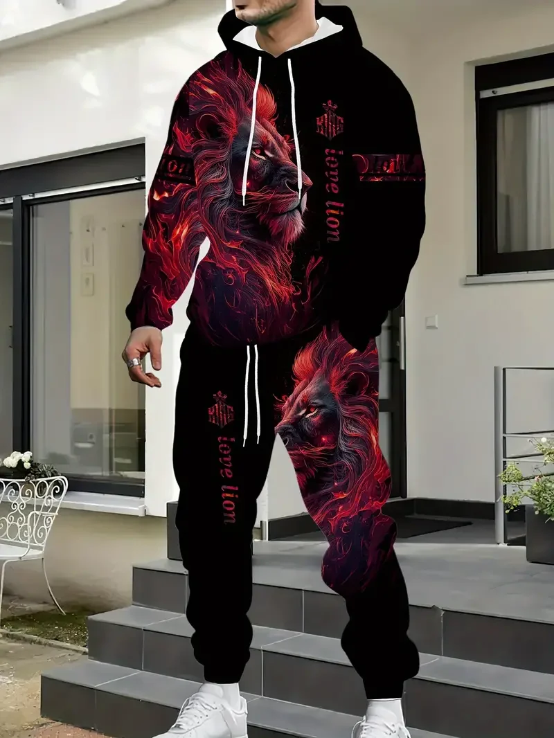 New Lion King Pattern Men's Hoodies Set 3d Printed Animal Clothing long Sleeves+ pants  2-pcs Casual Fashion Tracksuits