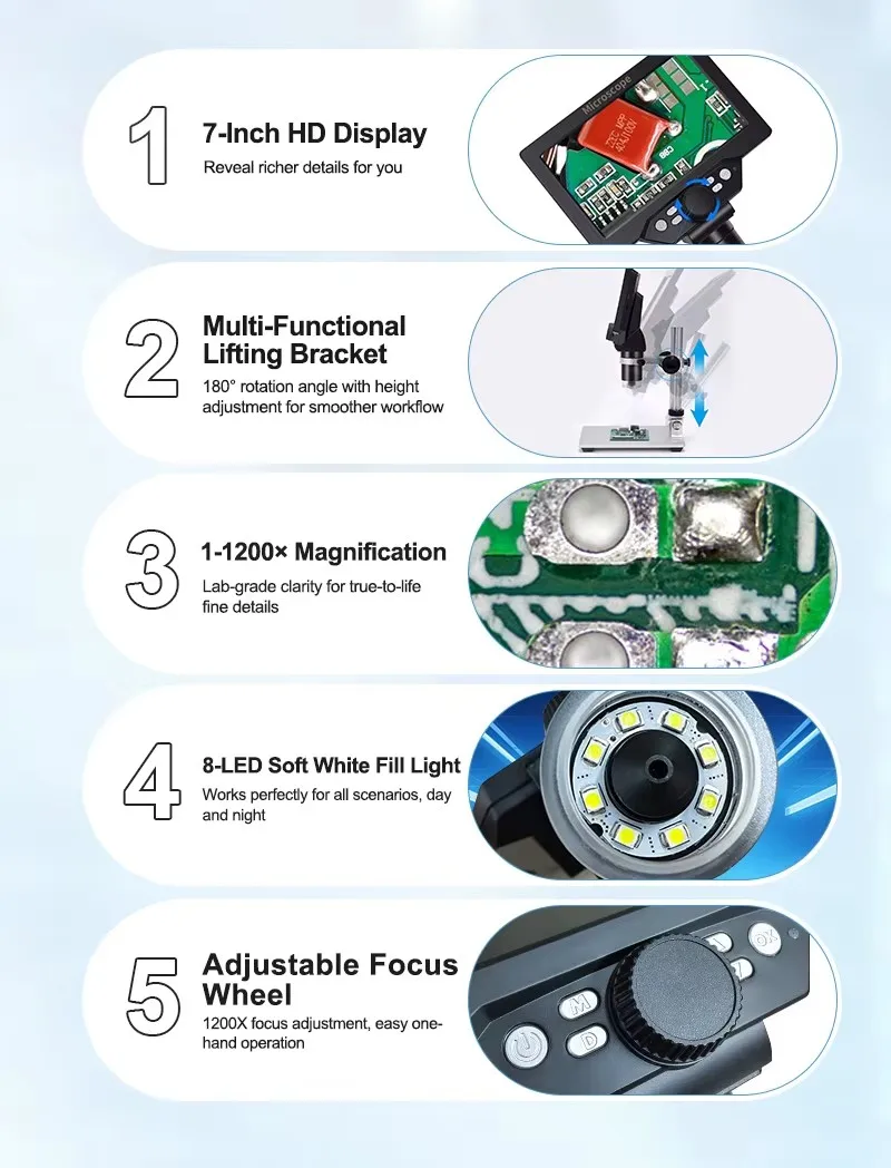 SUNSHINE DM-1200D Digital Electronic Microscope 12MP 1-1200x Zoom Lifting & Rotating Bracket For PCB Electronics Soldering Tool