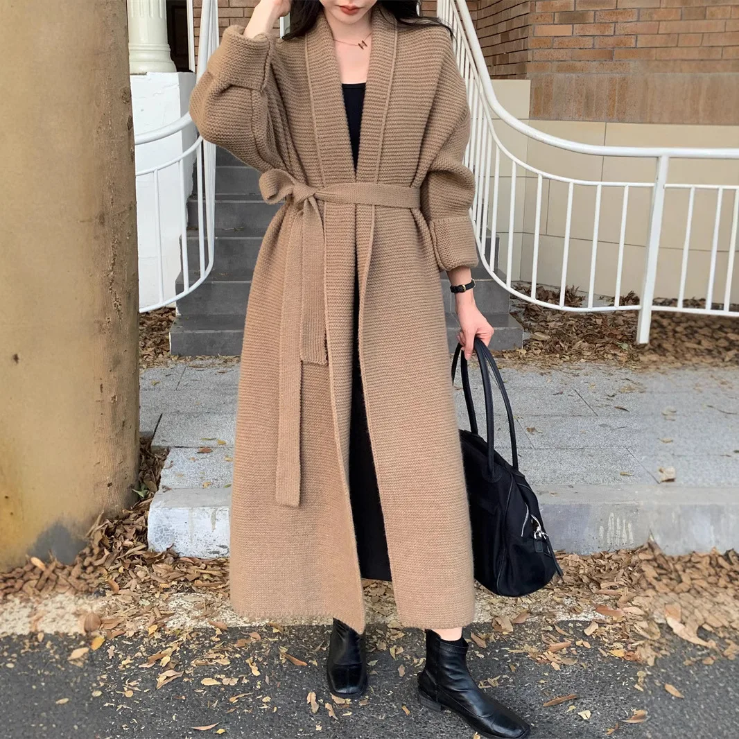 

Women Maxi Long Cardigan Solid Knitted Jumpers Lace Up Turn Down Collar Long Sleeves Open Stitch Loose Casual Autumn Winter 2026