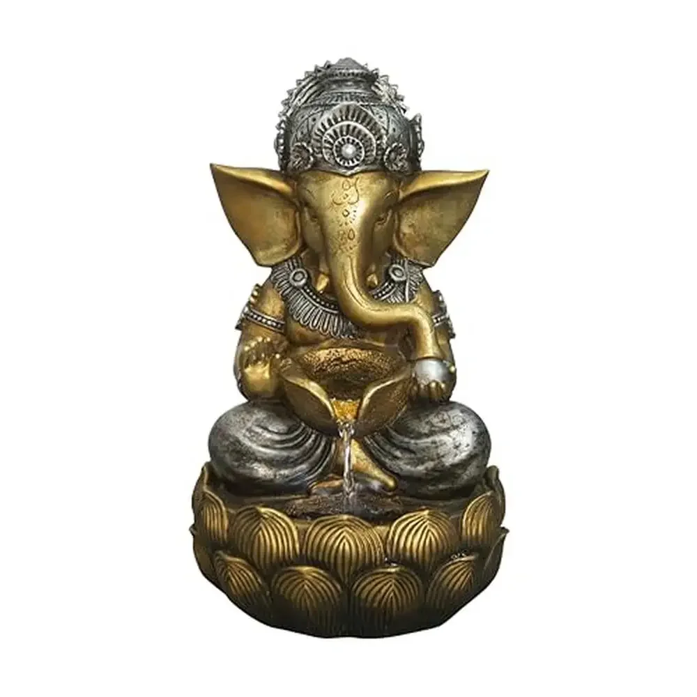 Lord Ganesh Resin Fountain with LED Lights Indoor/Outdoor Décor Pump Included Quick Setup