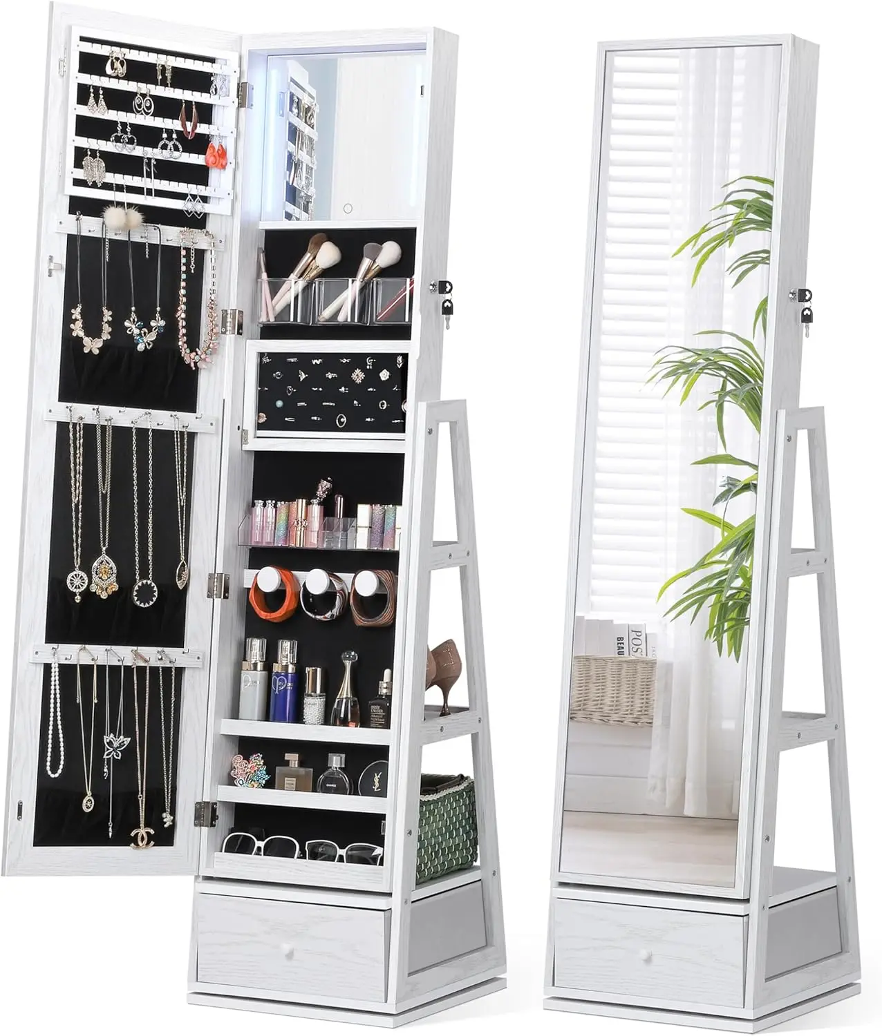 

360 ° Swivel Jewelry Cabinet with Lights, Touch Screen Vanity Mirror, Rotatable Full-Length Mirror with Jewelry Storage