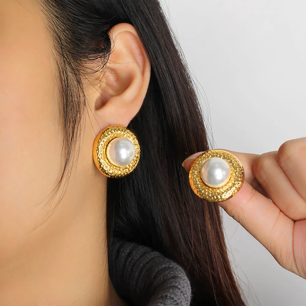 DIY accessories French retro high-end round pearl stud earrings stainless steel lava texture light luxury celebrity style earrin