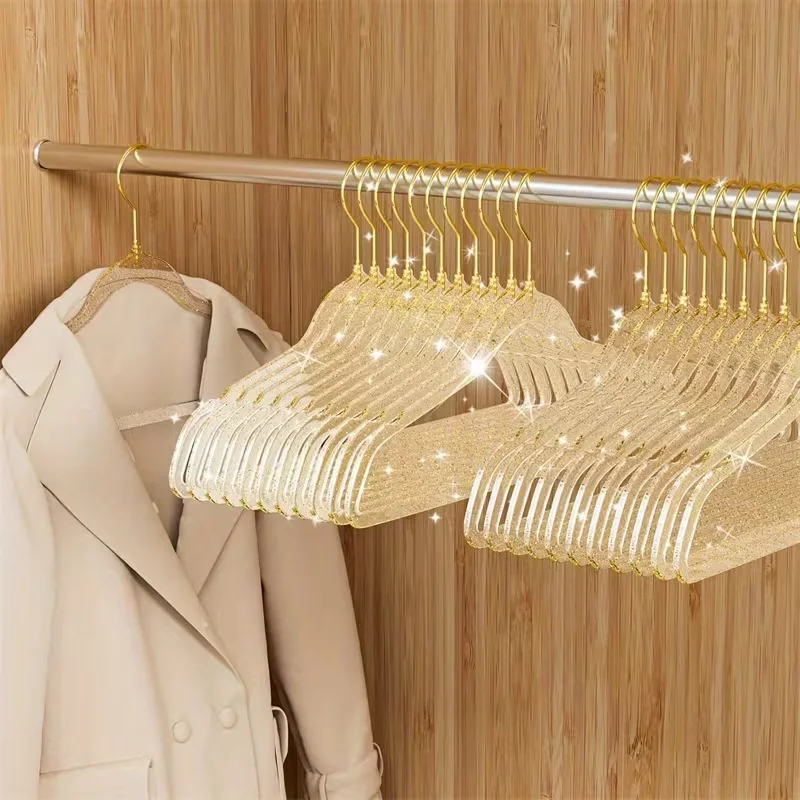 5 High-Quality Heavy-Duty Glitter Acrylic Hangers, Non-Marking, for Home Use, Transparent Plastic Hangers for Clothing Stores, Cute Crystal Glitter Hangers, Transparent Hangers, Durable Plastic Hangers with Sparkling Sequins, Ultra-Thin and Space-Saving Hangers, for Storing Coats, Pants, Suits, Shirts, Skirts, and Dresses, Wardrobe Organizing Hangers