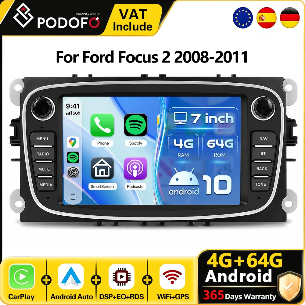 Podofo 7-Zoll-CarPlay-Android-Autoradio für Ford Focus 2 2008-2011, Multimedia-Player, 2-DIN-GPS-Stereo-Empfänger, FM-RDS-Autoradio, Armaturenbrett-Haupteinheit, intelligentes Autosystem