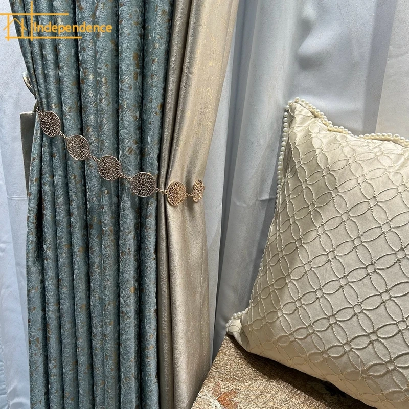 Grey Blue Jacquard Gold Thickened Mosaic Blackout Curtains for Living Room Bedroom French Window Balcony Villa Customization