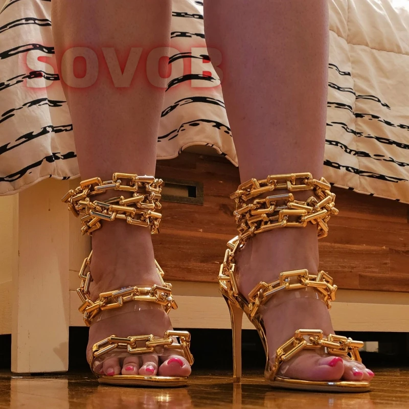 

Shinny Gold Link Chain Sandals,Women's Ankle Leg Lace Up Sandals,Clear PVC Strappy Stilettos Round Toe Heeled Mules ,Women Shoes