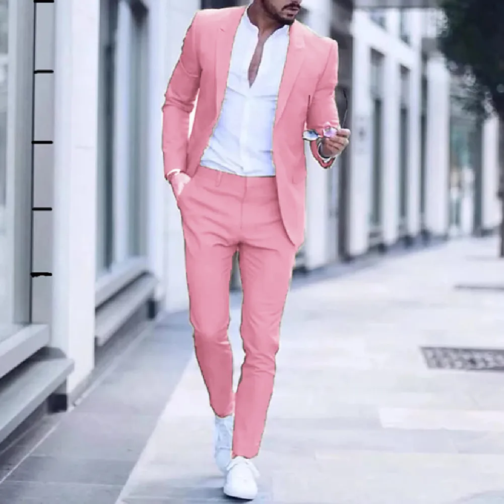 

2024 Casual Fashion Luxurious Business Men's Suit for Wedding Party Tuxedos Slim Fit Peak Lapel Pink Suits Male(Jacket+Pants)