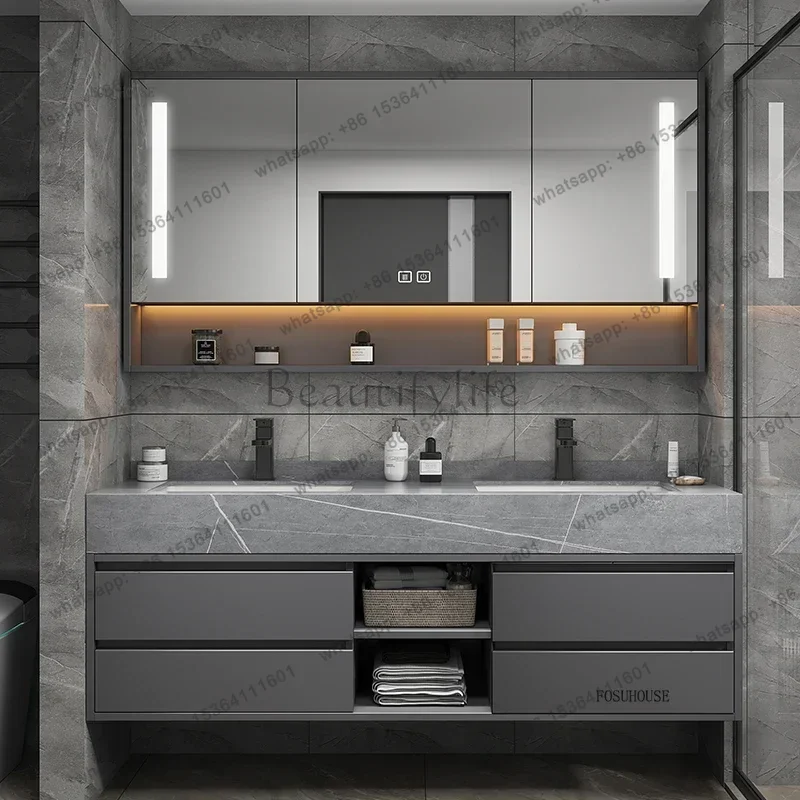 Nordic Bathroom Mirror Cabinet Double Basin Slate Integrated Ceramic Washbasin Bathroom Vanity Sink Cabinet Bathroom Furniture q