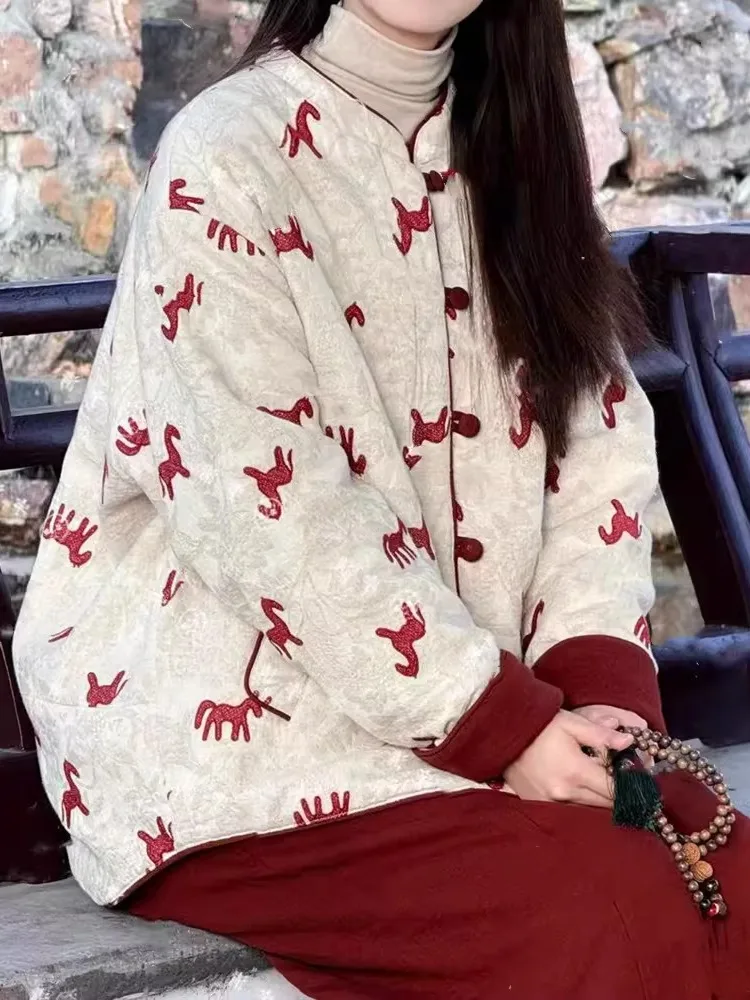 

Двусторонняя хлопковая куртка для женщин, новогодний наряд в новом китайском стиле, с вышивкой, бахромой и цветочным узором, льняная, в национальном тренде