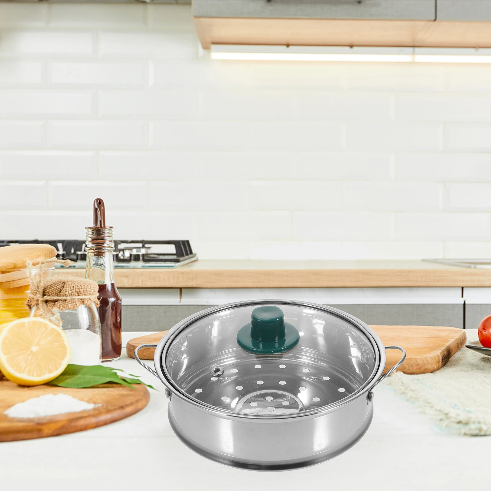 

1pcs Stainless Steel Basket Round Holes Even Heating Quick Drainage for Buns Rice Eggs Fish Seafood Corn for Food