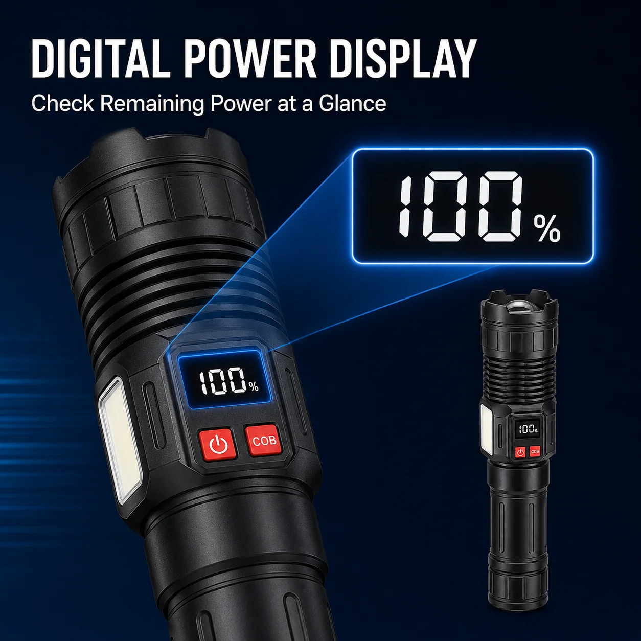 Multifunctional Led High-Intensity Flashlight with Type-C Charging, Telescopic Zoom for Far and Near Light Adjustment, Three Modes: Strong Light, Low Light, and Strobe, Cob Side Light with White, Red, and Blue Strobe, Portable Lighting with Battery Display, Suitable for Auto Repair, Camping, and Power Outage Backup