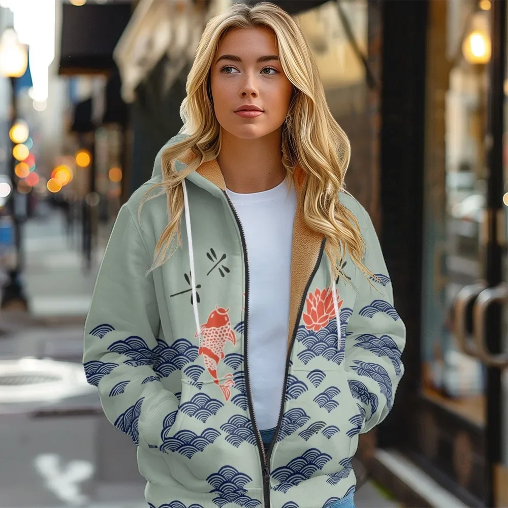 

Japanese Style Koi Fish Dragonfly Wave Print Fleece Jacket Harajuku Zip Up Coats Winter Women Casual Streetwear Thick Warm Tops
