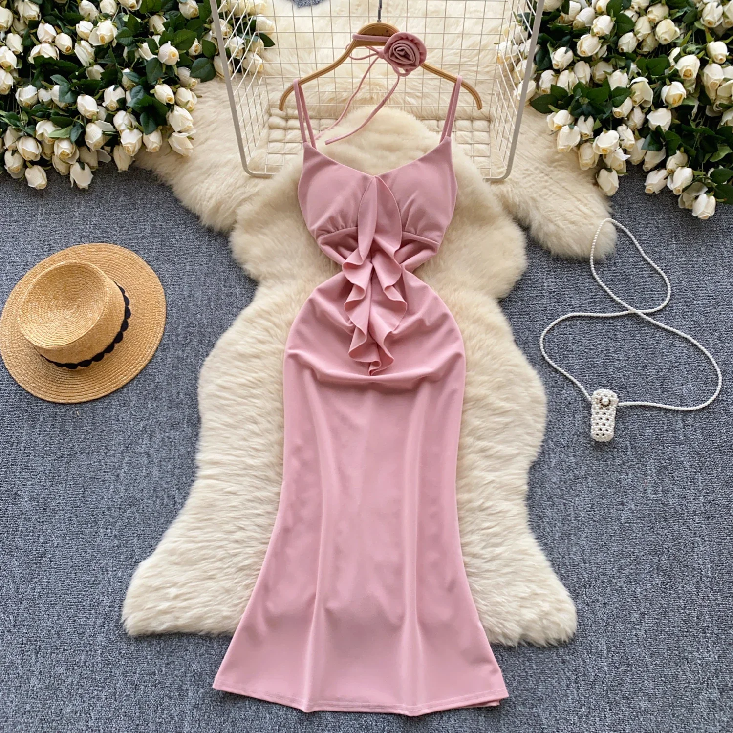 Elegante dolce Backless Ruffle Patchwork a vita alta Slip Dress coreano Fashion Fairy Vestidos donna Beach tromba Dresses