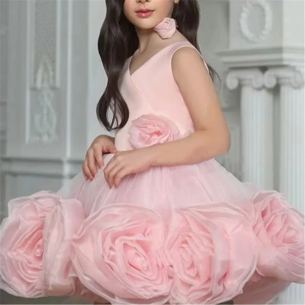 

Pretty Flower Girl Wedding Dress Simple Sleeveless V Neck Knee-Length Ball Gown Princess Birthday Party Prom Dress Customized