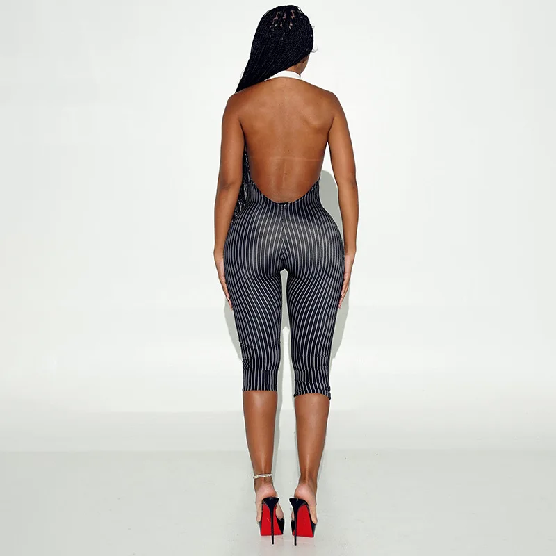 STYLISH LADY Halter Neck Striped Capri Jumpsuit 2026 Women Contrast Collar Deep V Backless Bodycon Romper Club Party Outfit
