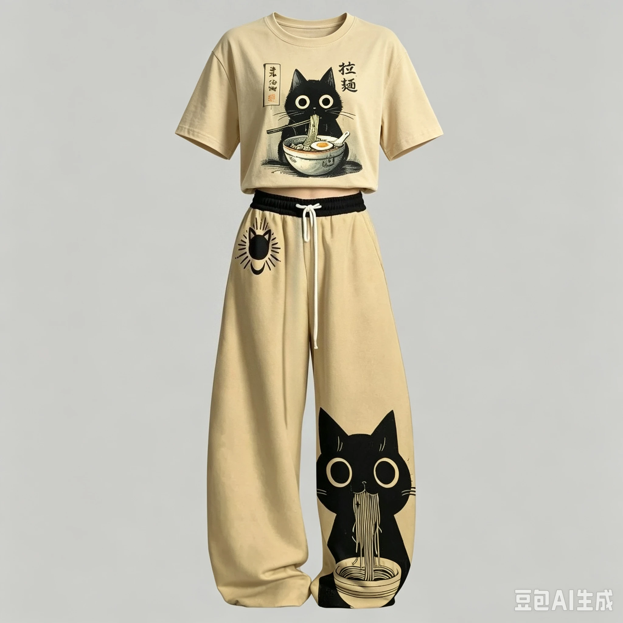 2026 New Style Unisex 2pcs Matching Outfit Cropped T‑Shirt & Wide Leg Sweatpants Cartoon Cat Graphic Print Casual Tracksuit kids
