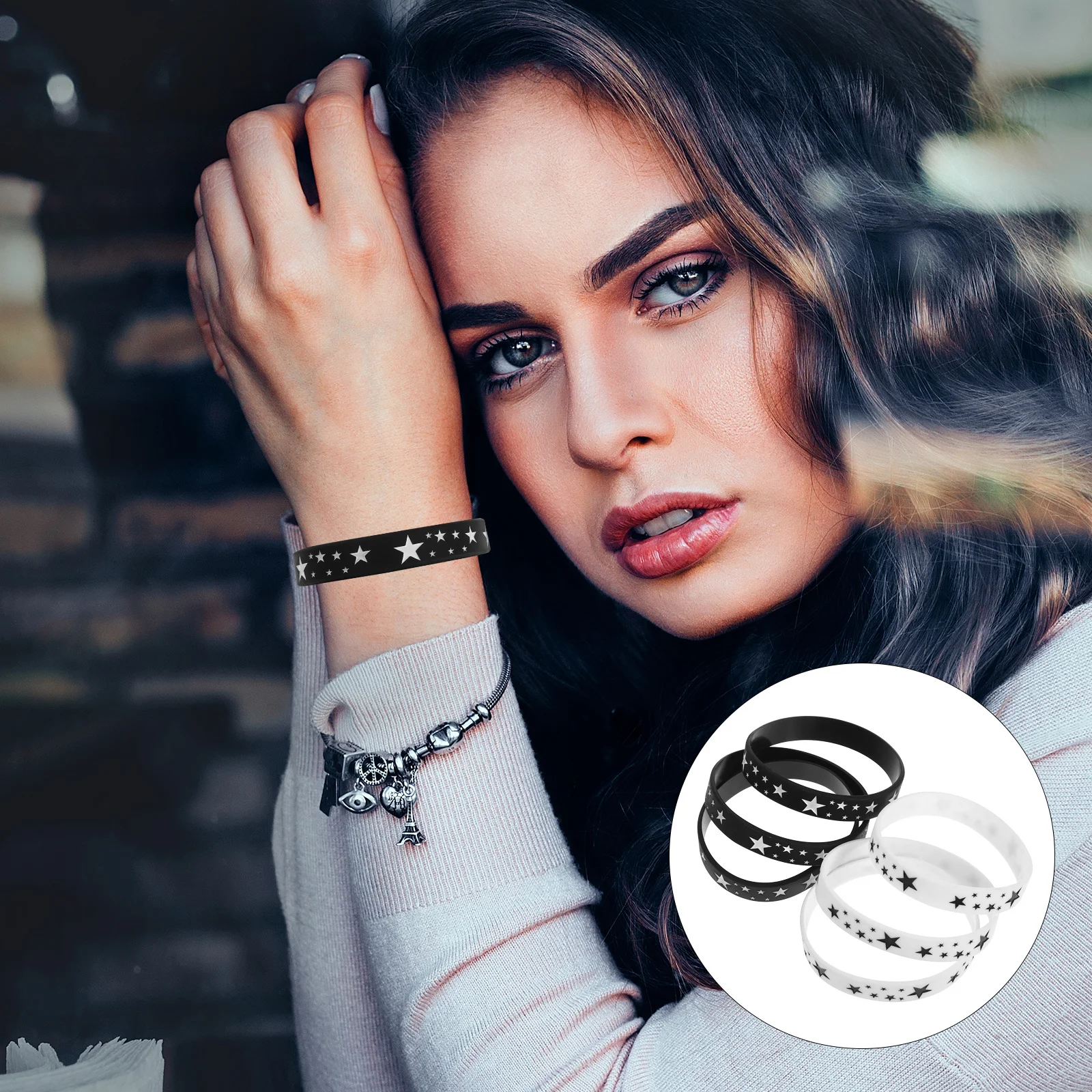 

6pcs Silicone Wristband Handcraft Bracelet Stretchy Adjustable For Party Music Festival Outdoor Unisex Wear-Resistant