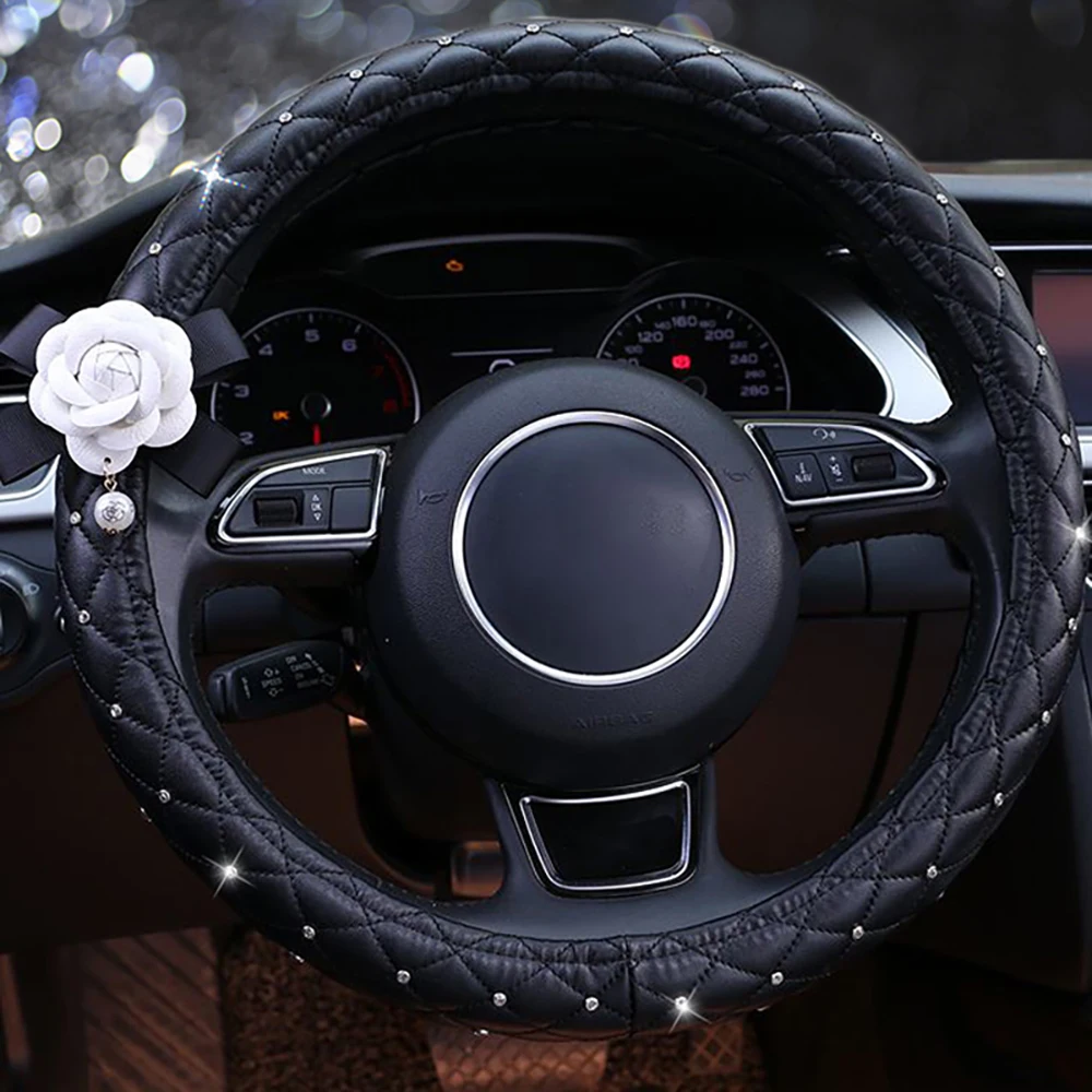 New Universal Camellia Leather Car Steering Wheel Cover Diamond Bling Car Assessoires Interior for Women Girls Car Decoration