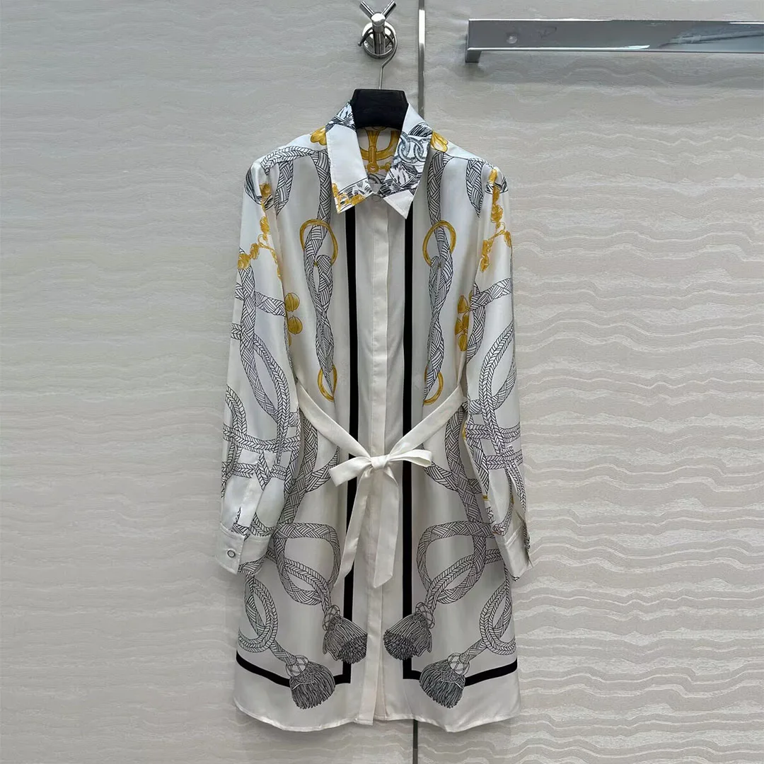 

2025 New Autumn Fashion 100% Silk Dress Women Elegant Lapel Long Sleeve Slim Belt Rope Printing Vintage Casual Midi Dresses