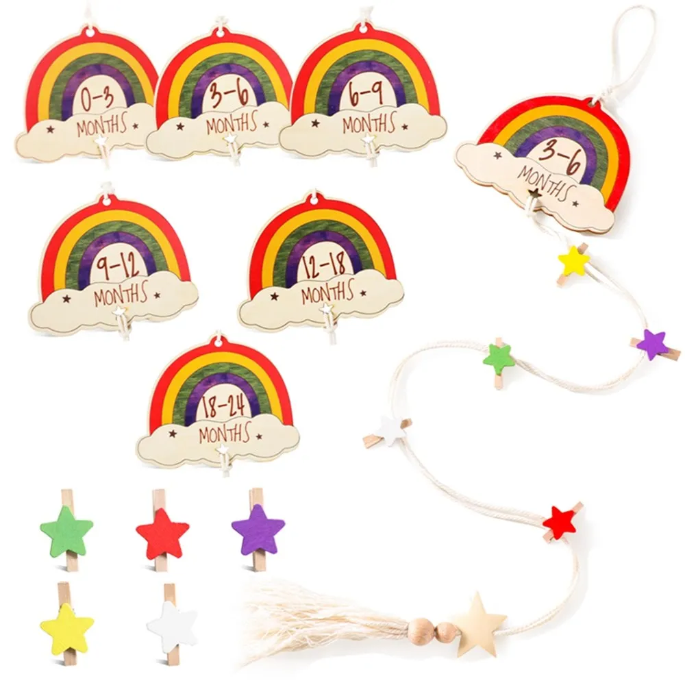 Rainbow Wooden Monthly Milestone Tassel Markers Baby Announcement Card