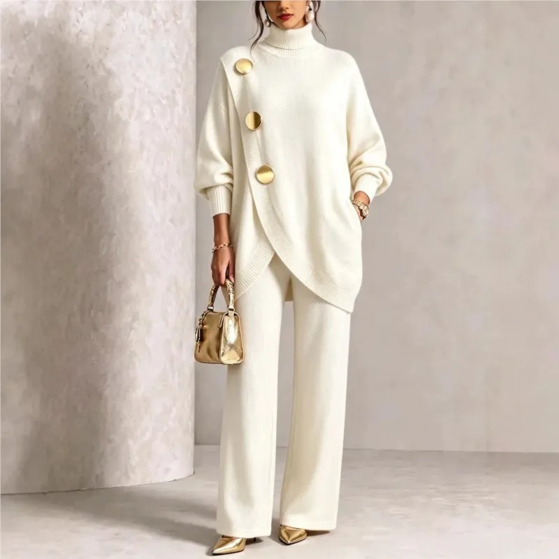 Women Long Pants Set Irregular Hem Sweater Top With Decorative Metal Buttons Loose Wide Leg Elegant Casual Unique Long Pants Set