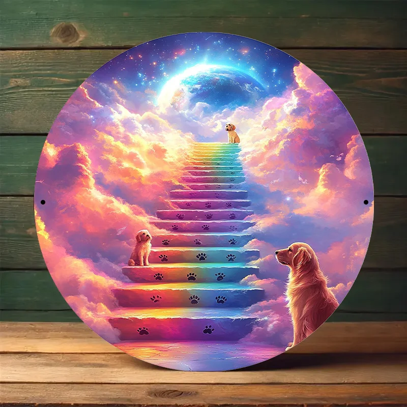 2D Flat, 2D Flat - 1pc Cosmic Rainbow Bridge Metal Wall Art, 7.87x7.87 Inches - Vibrant Staircase Design with Paw Prints and Dog
