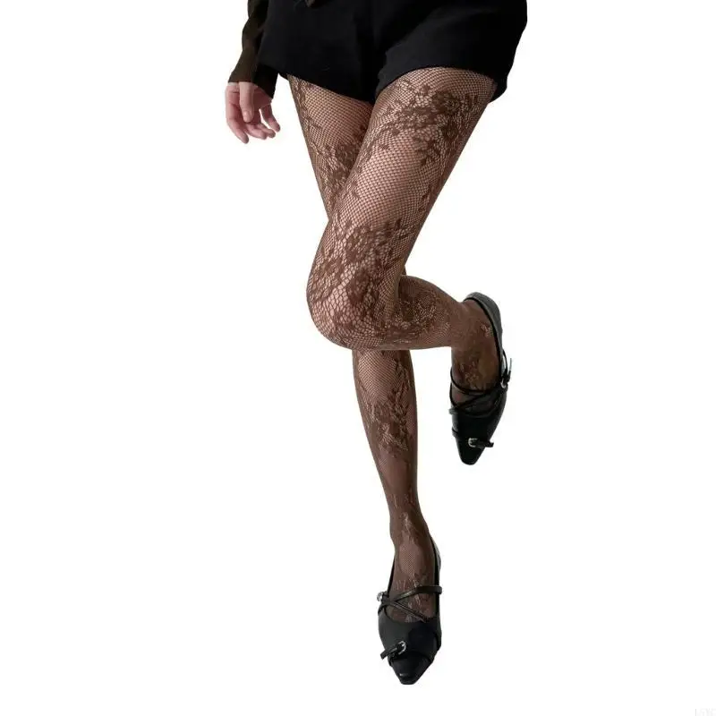 

L5YC Elegant Hollowed Sheer Lace Stockings with Flower Patterned Aesthetic See Through Tights Pantyhose for Women