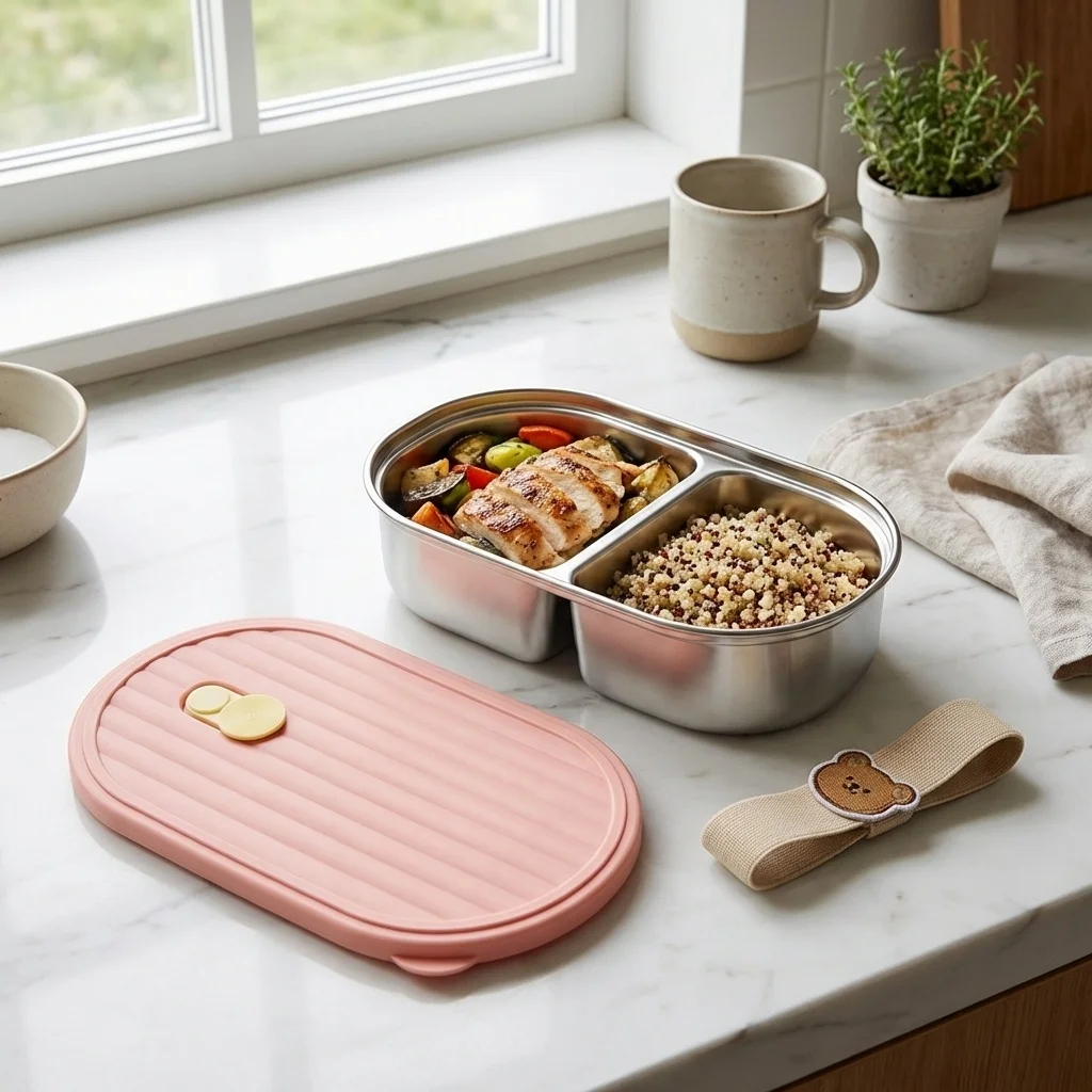 800ml 2 Grids Portable Bento Lunch Box For Kids Student Durable Microwave 304 Stainless Steel Divided Fruit Salad Food Container