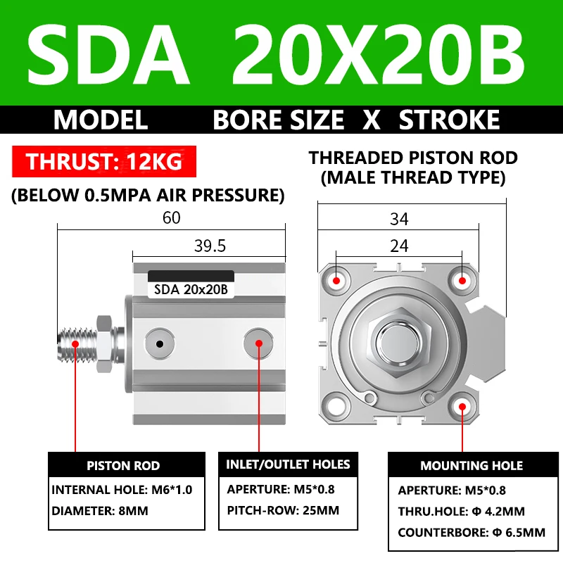 ABILKEEN SDA20X20B SDA Series Thin Air Cylinder 20MM Male Thread Bore X 20MM Stroke Double Acting Pneumatic Compact Cylinder