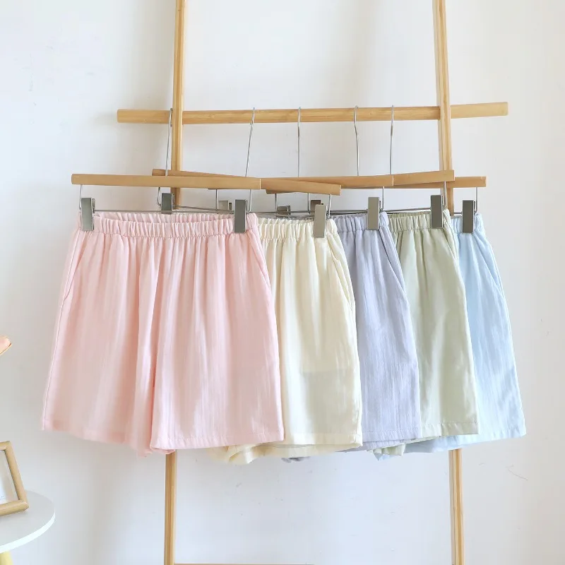 2026 Summer New Women's Shorts 100% Cotton Double Layer Gauze Sleepers Solid Color Elastic Waist Color Lounge Wear
