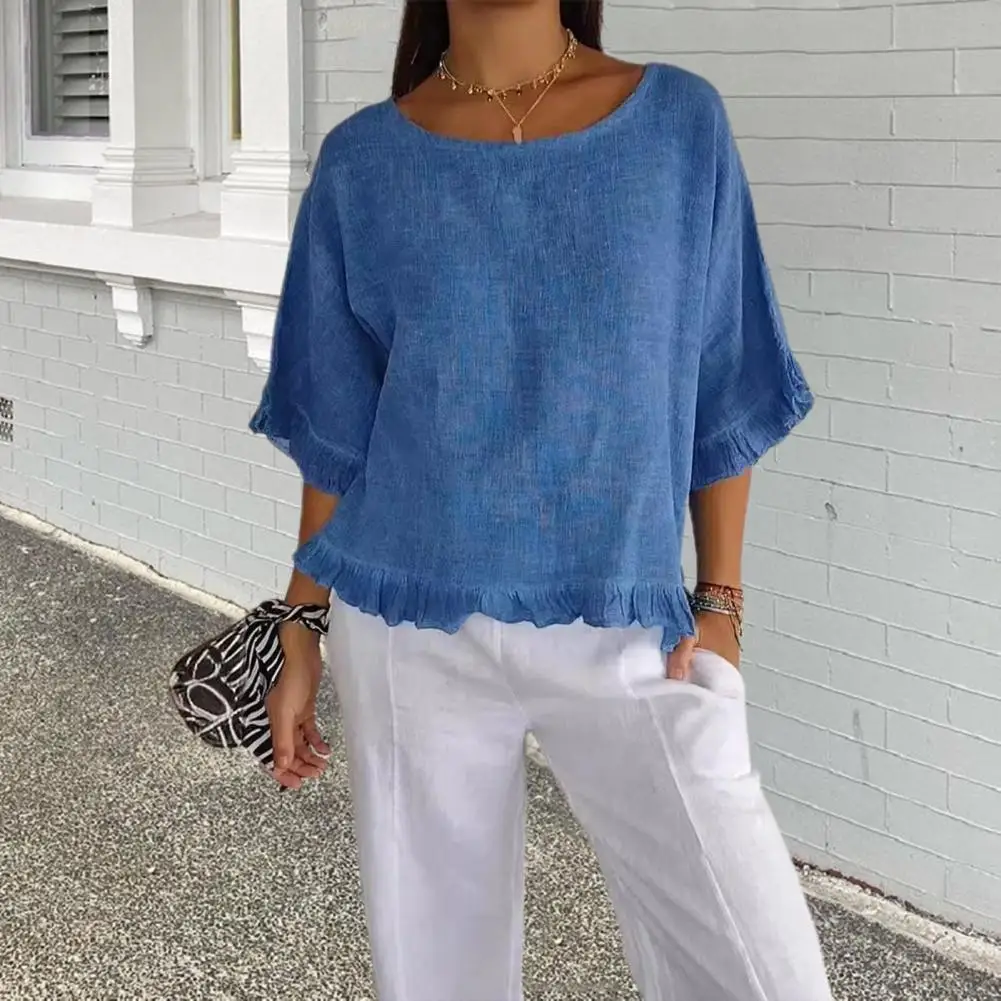 

Women Sleeve Top Solid Color Blouse Stylish Women's T-shirts with Ruffle Detailing Loose Fit for Everyday Wear Comfortable