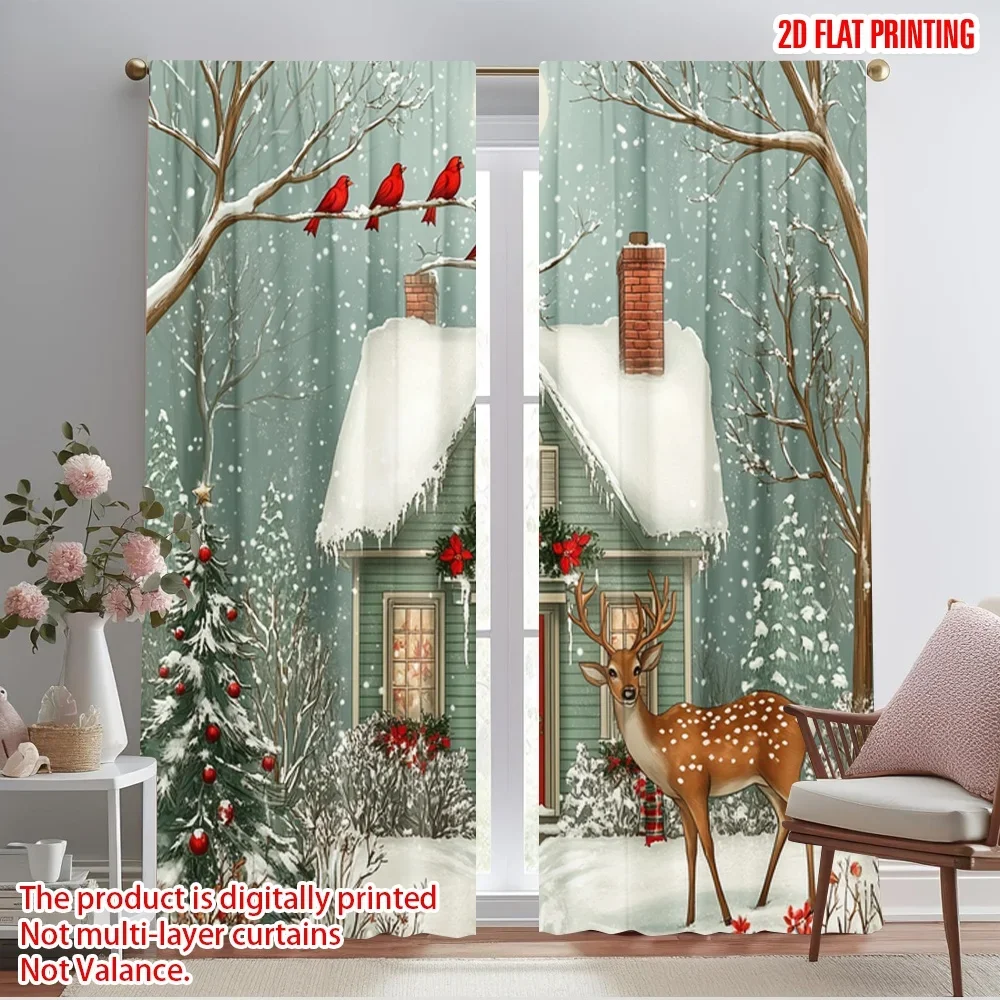 2pcs,2D plane printing Print Curtains Deer cardinals snowy house Versatile Polyester (without rod) Art Deco Festive Use for