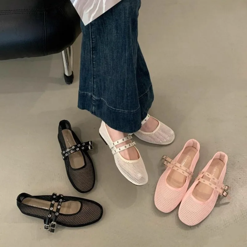 Mesh Ballet Flats Fishnet Luxury Brands Hollow Sandals Women Flats Beach Female Comfortable Shoes Breathable Mary Jane Sandals