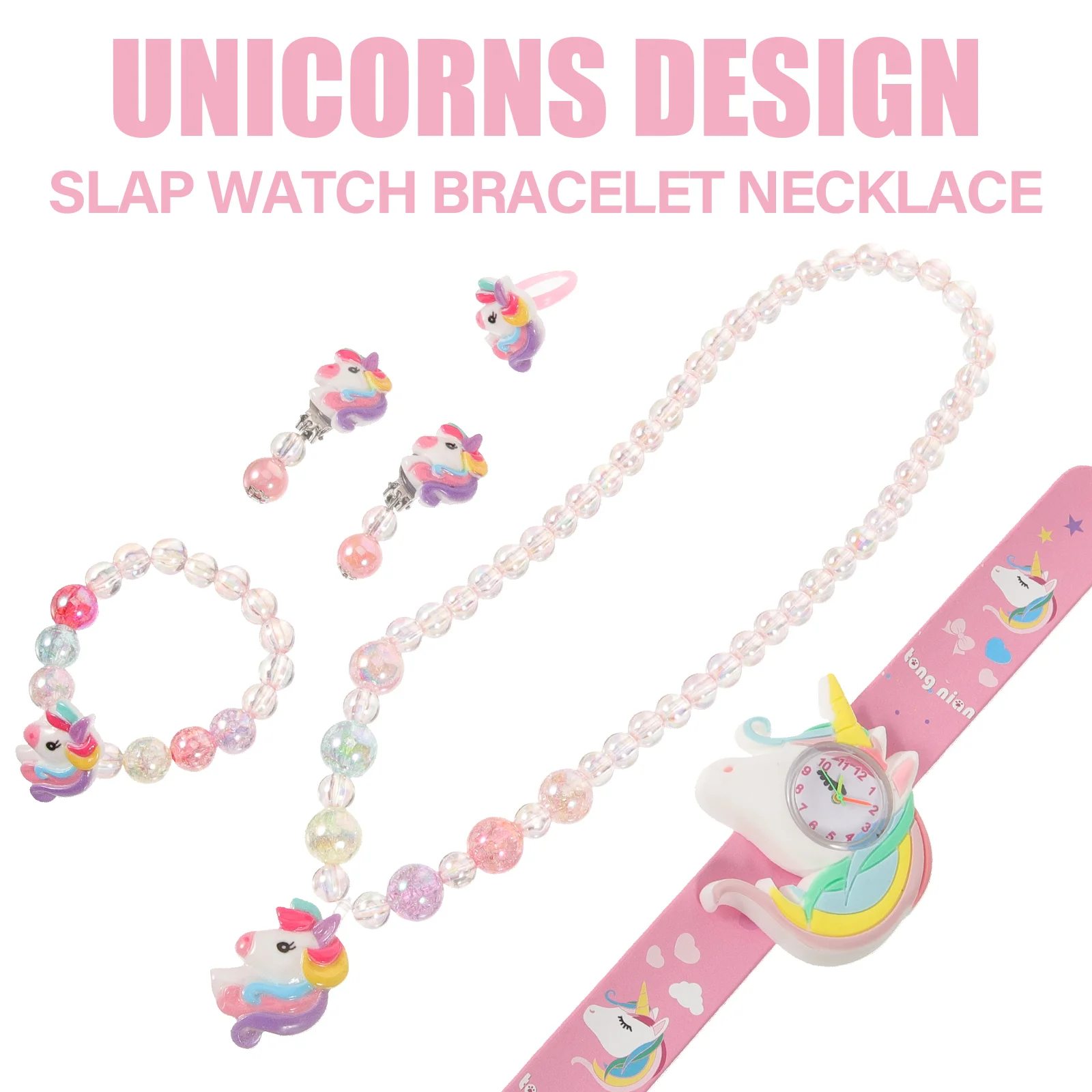 Modisches Einhorn, süßer Silikon-Snap-Ring + Armband, Halskette, Ohrringe, Set, Mädchenuhr, Kind, kleine Geschenke