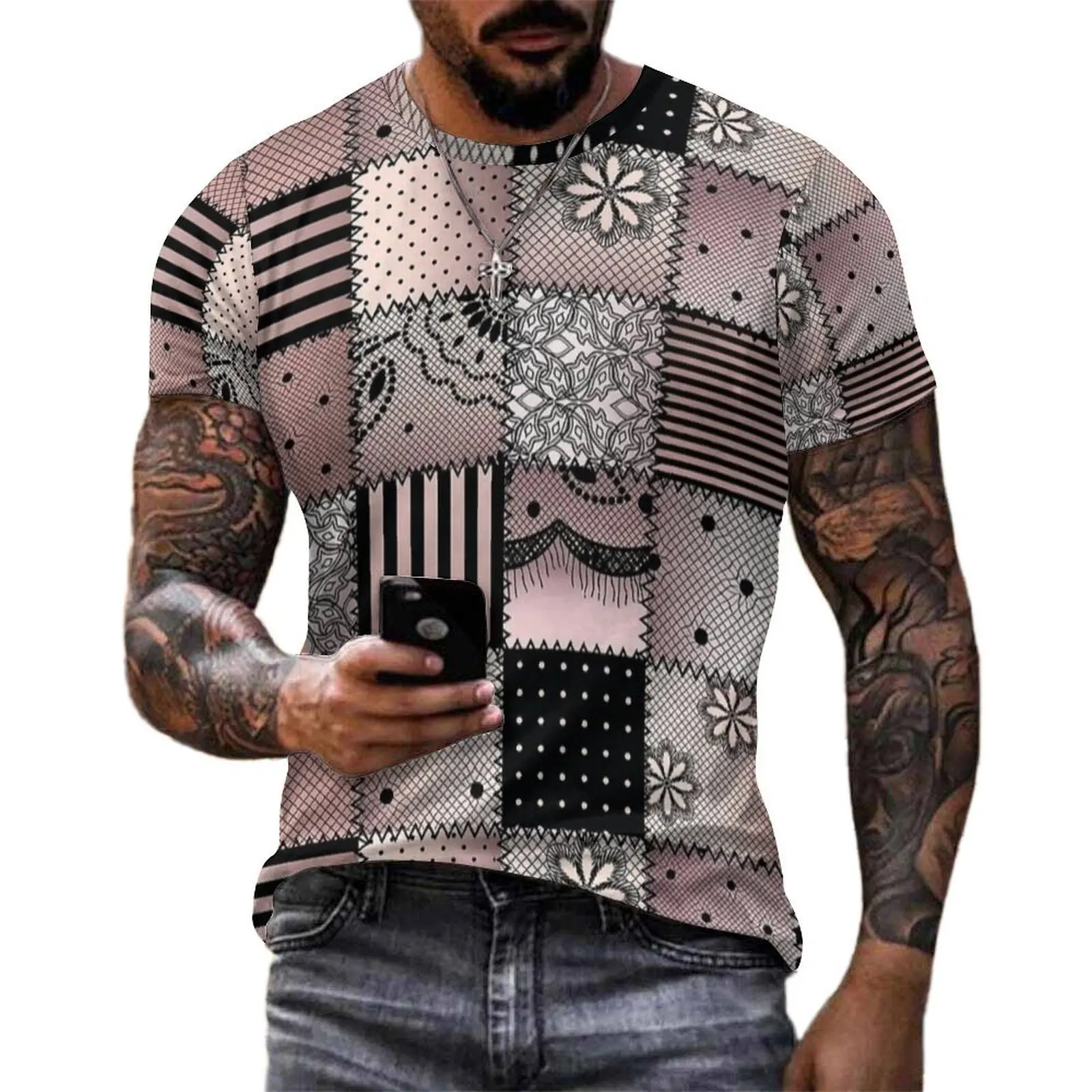 Blush Patchwork Retro Print T-Shirt  Fashion T Shirts Man Classic Tee Shirt Premium Short Sleeve Design Clothing Plus Size