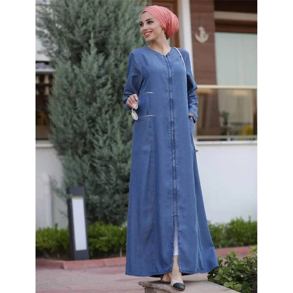 Autumn Denim Dress Women Casual Long Sleeve Maxi Dresses Dubai Abaya Muslim Kaftan Islamic Clothing Arab Robe Party Gown Jilbab