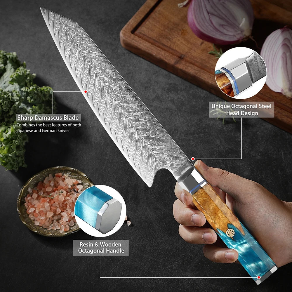Cuchillo de Chef Kiritsuke, cuchillo de Damasco afilado profesional de 8 pulgadas, cuchillo Gyuto de cocina japonés VG-10 de acero inoxidable con alto contenido de carbono