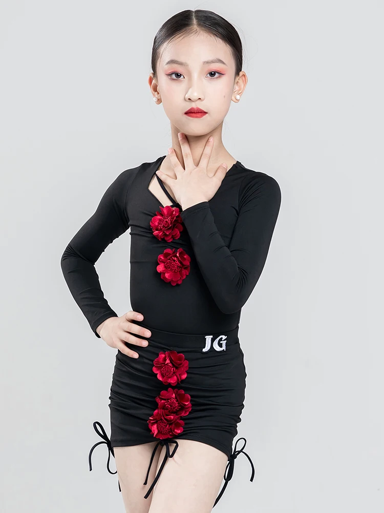 Kids Latin Dance Clothes Black Long Sleeves Practice Suit Flower Tops Skirt Cha Cha Rumba Performance Costume Winter DNV19162