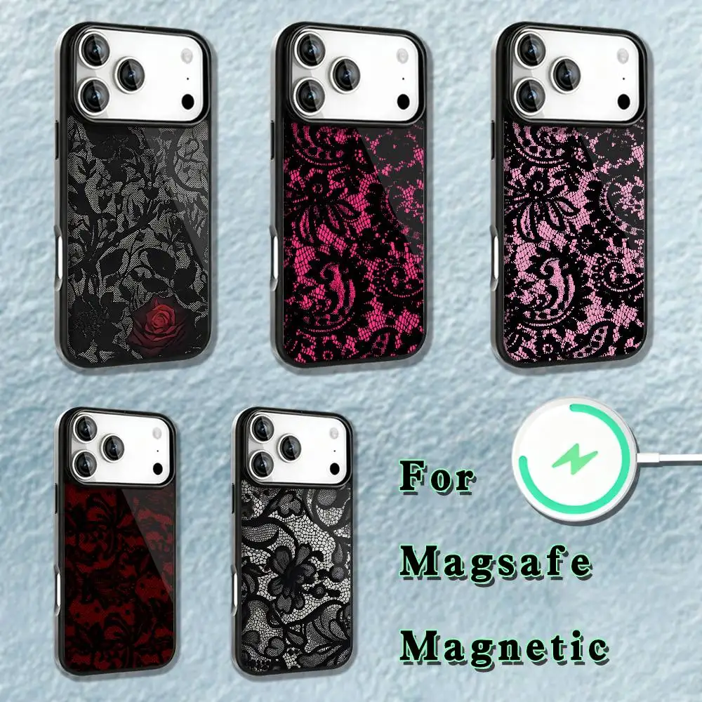 

Black lace print New Hot Phone Case For iPhone 17,16,15,14,13,12,11,Pro,Max,Plus,Mini,SE4,E Magnetic Magsafe Wireless Charging
