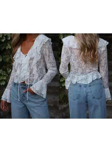 V Yaka ve Geniş Kollu Zarif Dantel Çiçekli Bluz Kadınların Sokak Modası için Şık Bağlamalı Kırpılmış Üst