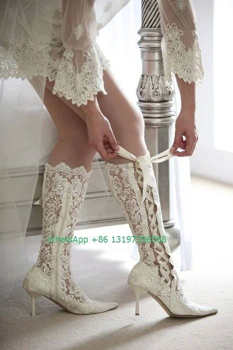 Lady wedding lace knee hollow boots white black rad lace-up elegant high heels sexy pointed toe low heel boots summer footwear