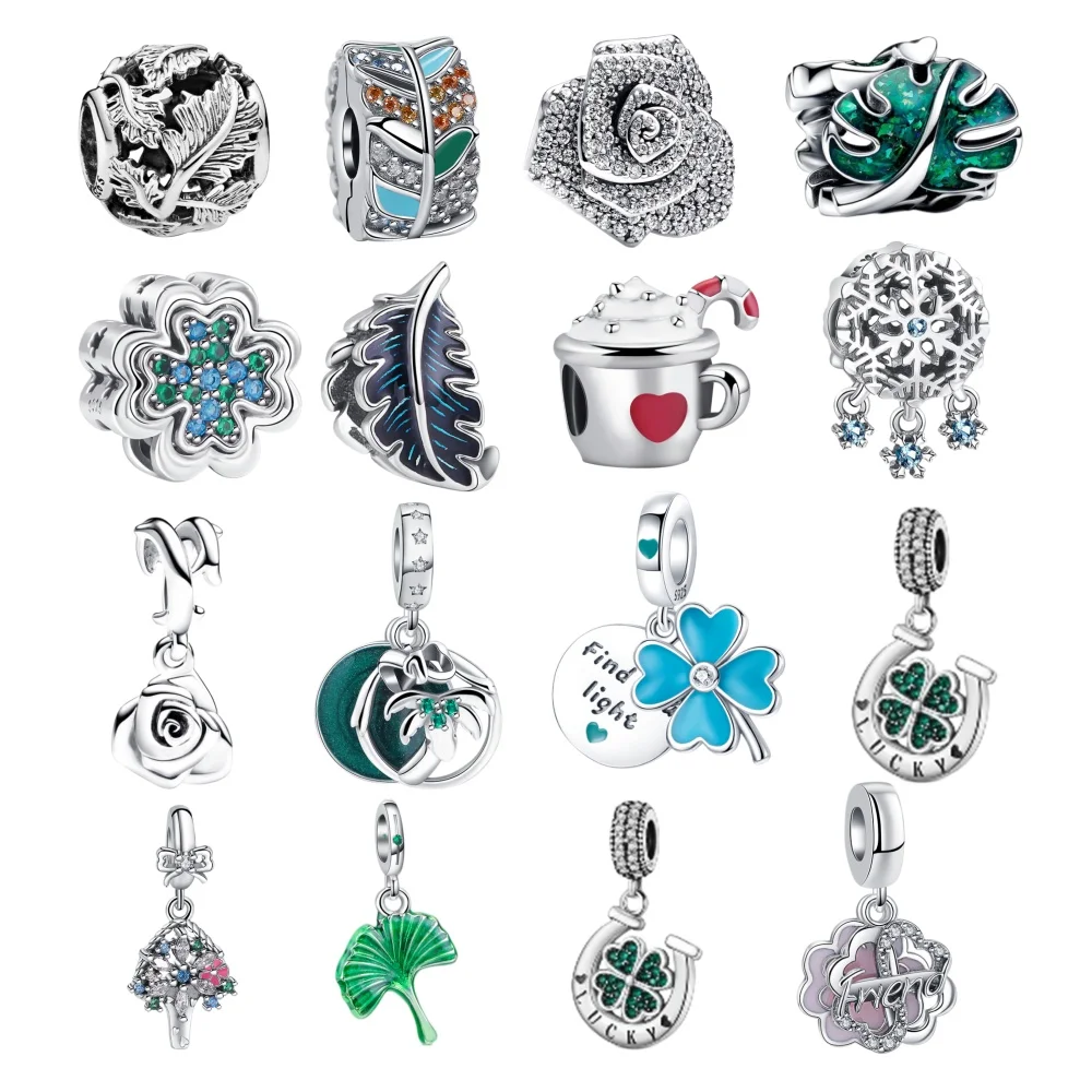 

925 Sterling Silver Leaves Four-leaf clove Charms DIY Bead Zirconium Green Style Dangle Fit Original Bracelet Women Jewelry Gift