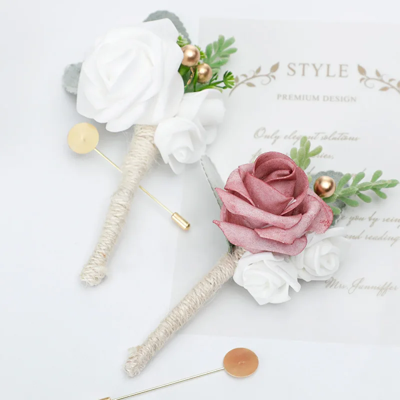 ผู้ชายงานแต่งงาน Boutonnieres Rose ดอกไม้แต่งงานเข็มกลัดการ์ตูนเจ้าบ่าว Party อุปกรณ์เสริม