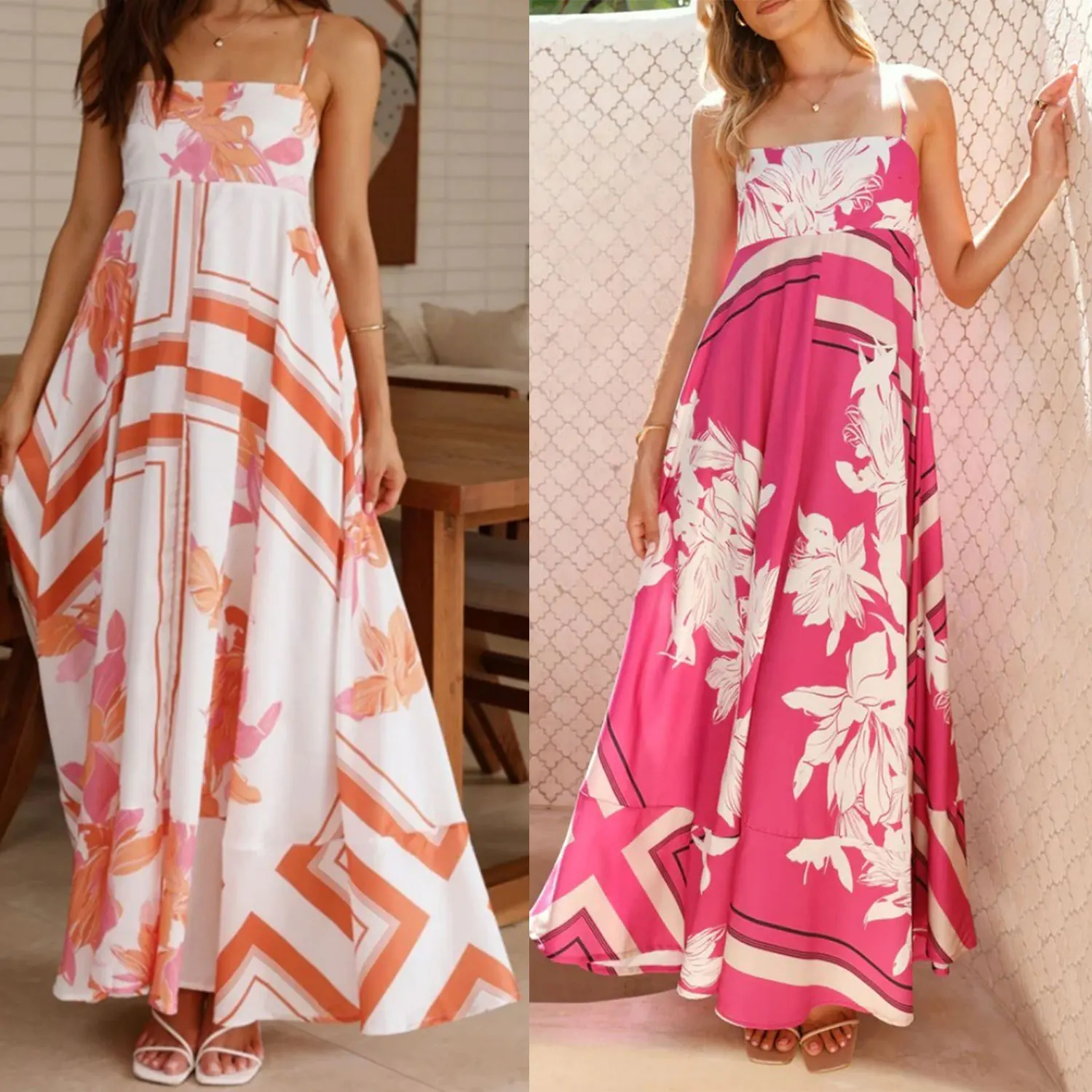 فستان طويل للشاطئ بدون أكمام مزين بالزهور للنساء صيفي عصري بحزام سباغيتي بدون أكمام على شكل حرف A