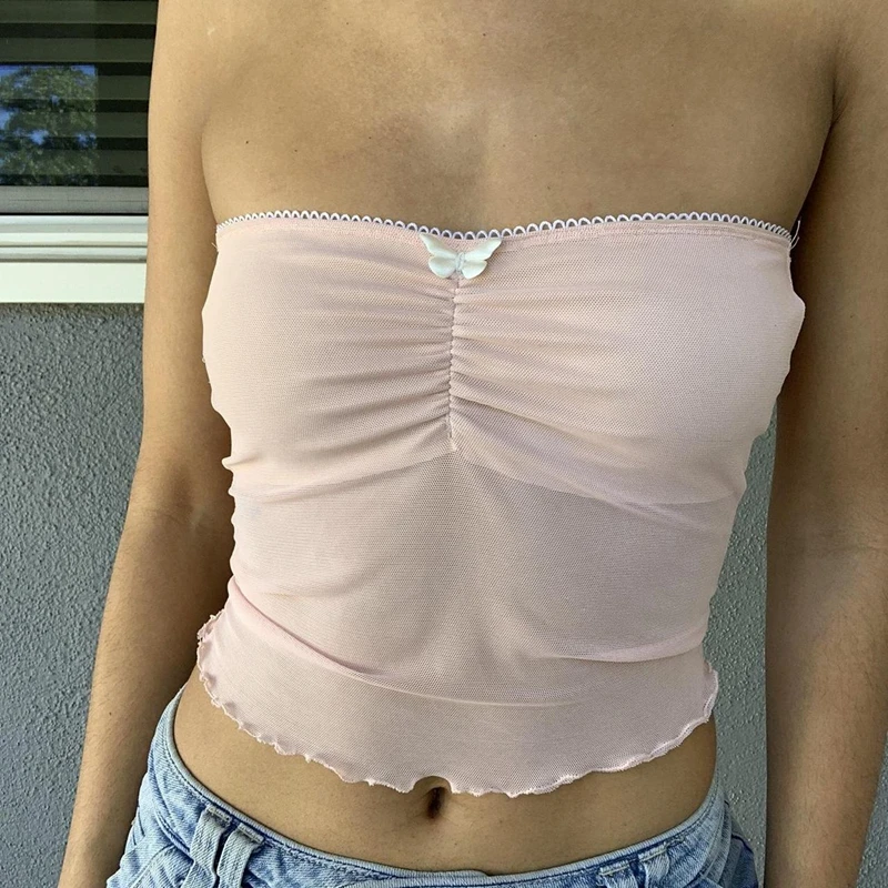 Gaono-Haut Court en Maille Transparente pour Fille, Camisole Sans Bretelles, Rétro, Pliable sur la Poitrine, Y2K