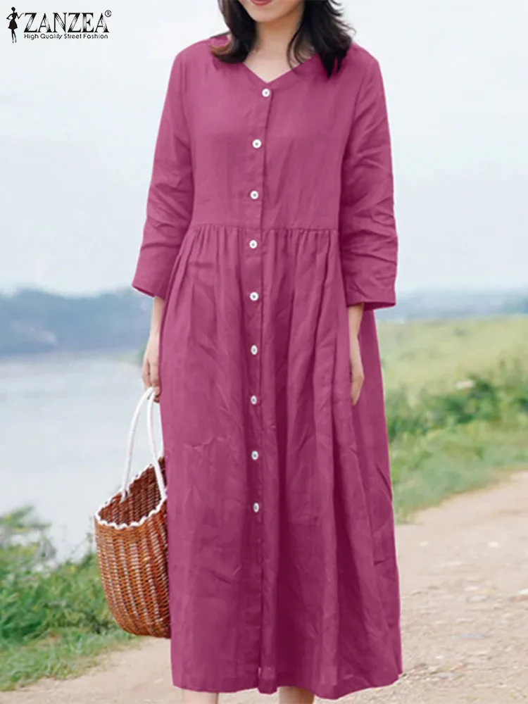 

Casual Solid Baggy Shirt Dress 2024 ZANZEA Women 3/4 Sleeve O Neck Midi Sundress Robe Femme Casual Work Holiday Vestidos Kaftan