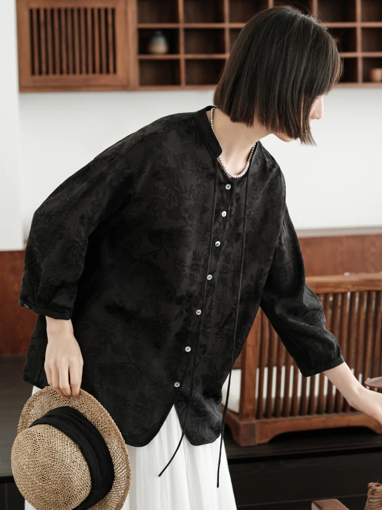 

Retro Black Silk Charmeuse Women's Shirt Hidden Pattern Embroidery Loose Fit Long Sleeve V-Neck Button up Casual Top